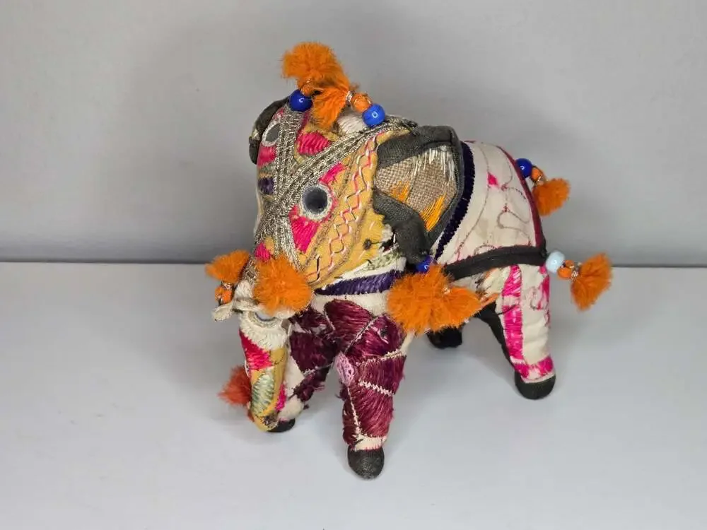 Vintage Handcrafted Indian Folk Art Patchwork Embroidered Beaded Elephant Figure
